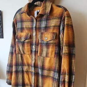 Plaid Button-Up Long Shirt in Yellow Earth Orange and Black. Long Sleeves.